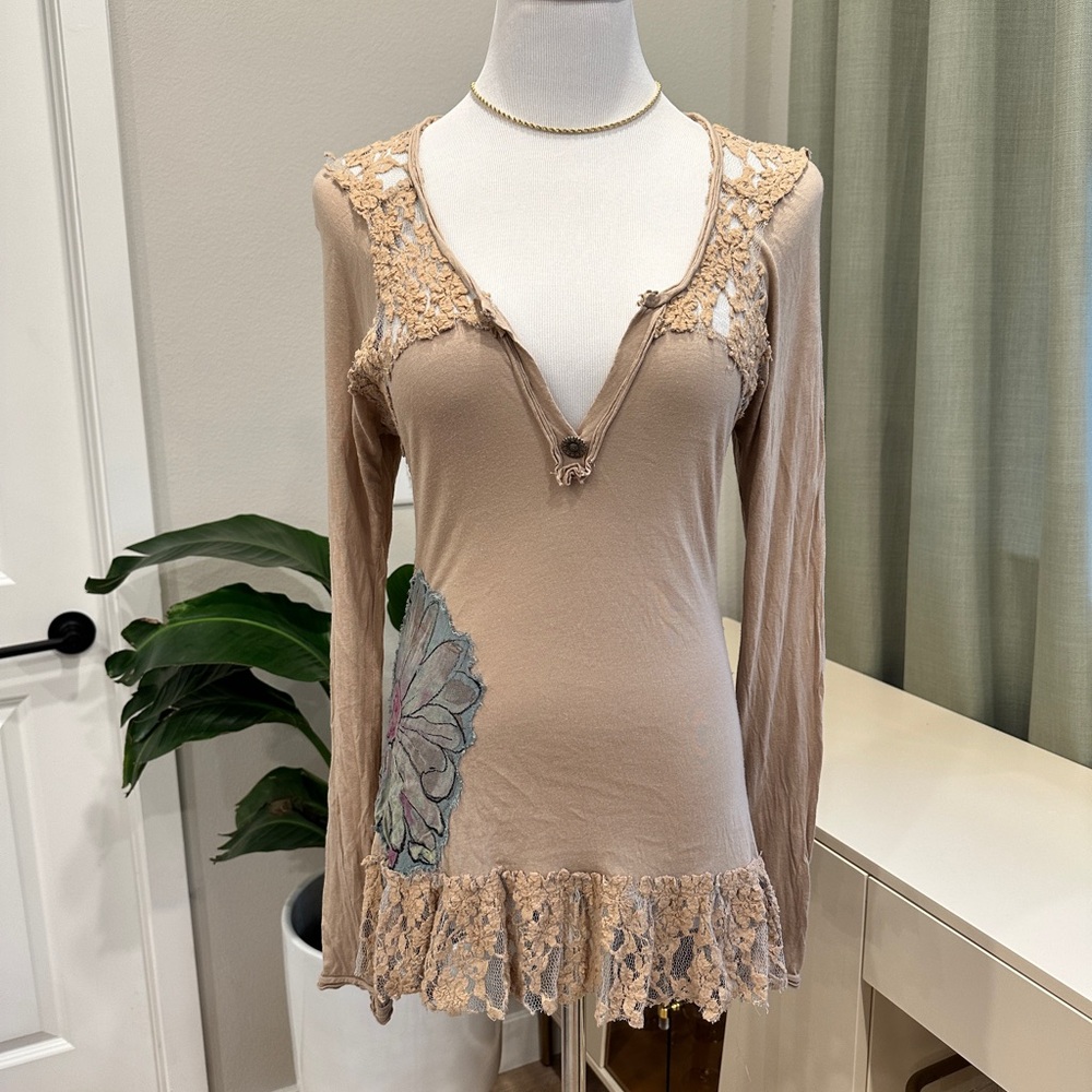 Vintage Rare Scrapbook Originals Anthropologie Lace Trim Long Sleeve Top